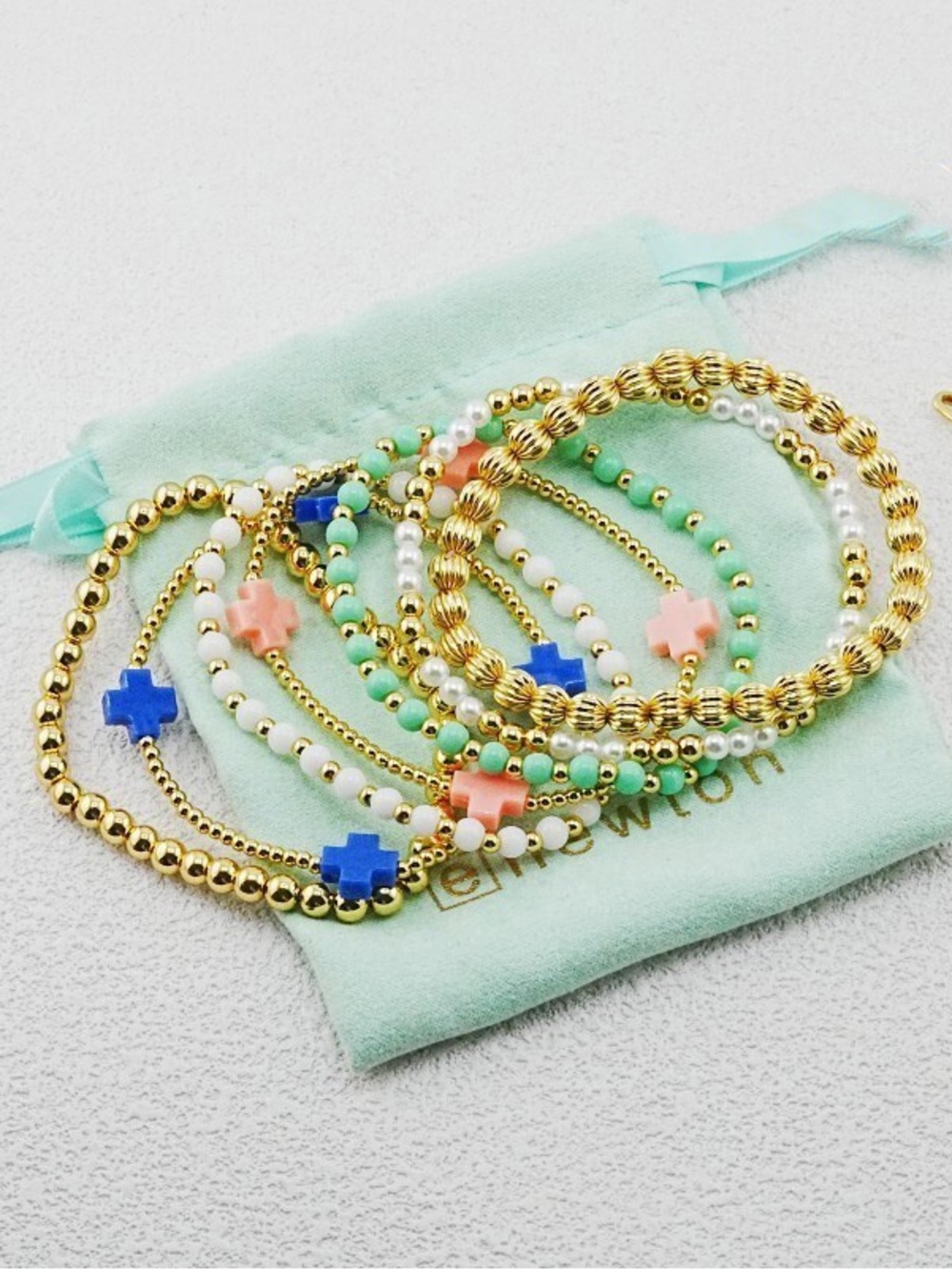 Enewton 7pcs Gold Beaded Cross Pearl Bracelet Set
